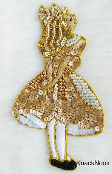 Embroidered Alice In Wonderland Applique With Gold And White Beads, Sequins In Gold, White & Grey / Red / Glitter Gold / Yellow - 210119L243